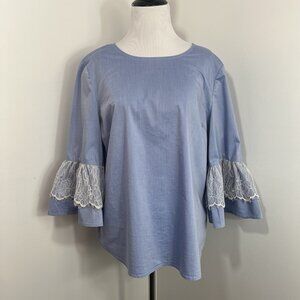 NYC NEW YORK & COMPANY Women's Blue White Top Lace 3/4 Bell Sleeve M Oversized